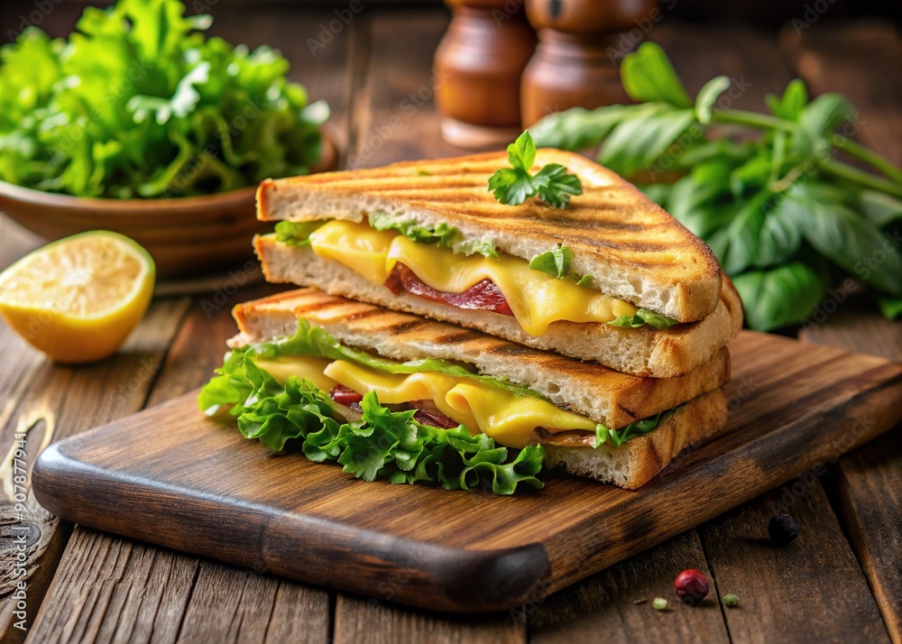 A crispy, golden-brown Cuban toasted sandwich rests on a rustic wooden chopping board, surrounded by fresh lettuce, juicy pineapple, and a drizzle of tangy mustard. A crispy, golden-brown Cuban toasted sandwich rests on a rustic wooden chopping board, surrounded by fresh lettuce, juicy pineapple, and a drizzle of tangy mustard.