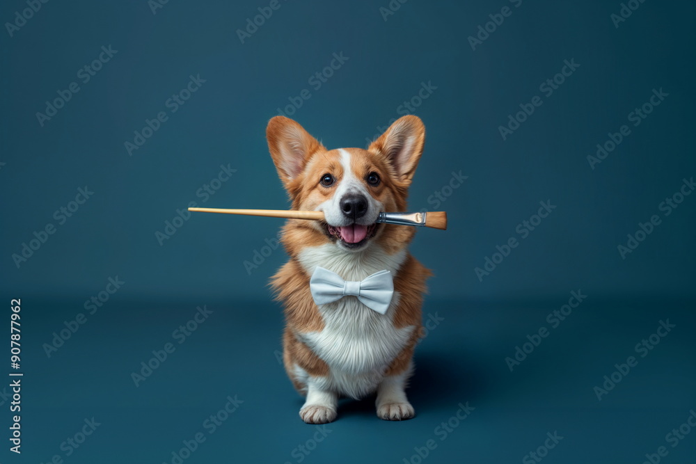 Happy corgi dog with a red bow tie holding a paintbrush in its mouth against a blue background with copy space Happy corgi dog with a red bow tie holding a paintbrush in its mouth against a blue background with copy space