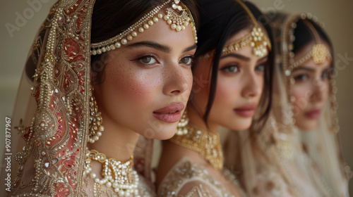 Three Indian brides adorned with intricate traditional jewelry and richly embroidered veils. Close-up portrait shot, soft background. Concept of cultural beauty and tradition