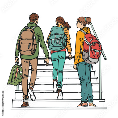Young people casual clothing climb stairs carrying backpacks. College students ascend steps study materials bags. Friends hike up staircase outdoors, dressed mild weather
