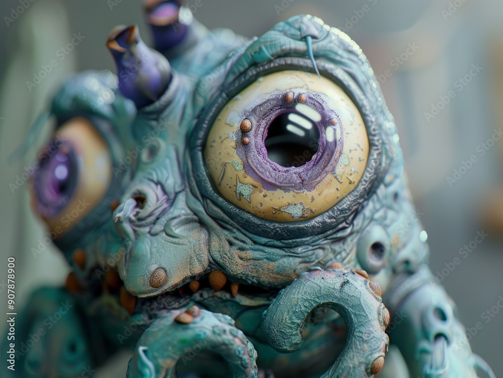 Fototapeta premium Medium shot of One eye cartoon creature with spiral-shaped purple pupil and tentacles.