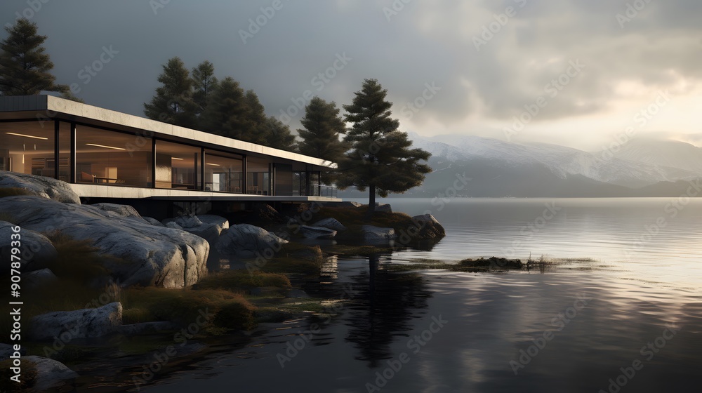 custom made wallpaper toronto digitalModern Lakeside Cabin with Scenic View of Water and Forest