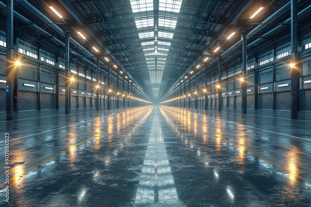 Wide view of a modern, empty industrial warehouse with polished concrete flooring, illuminated by overhead lights, creating a symmetrical perspective. Wide view of a modern, empty industrial warehouse with polished concrete flooring, illuminated by overhead lights, creating a symmetrical perspective.
