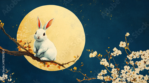 Chuseok, a vintage Autumnal Korean holiday template with an adorable rabbit and a full moon in the night sky, with a serene and warm feel, for Korean Thanksgiving Day, the Asian Mid Autumn festival photo