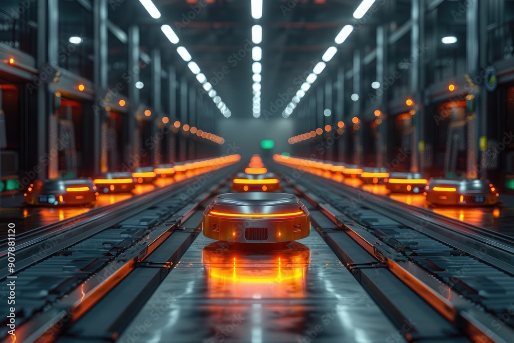 Autonomous robotic vehicles operating in a futuristic warehouse, showcasing advanced technology in automation and logistics. Autonomous robotic vehicles operating in a futuristic warehouse, showcasing advanced technology in automation and logistics.