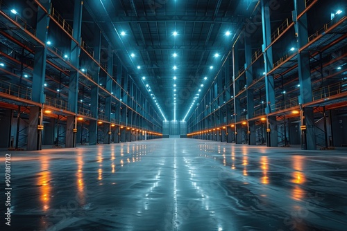 Spacious, futuristic warehouse with bright lighting, empty racks, reflective floor creating a modern industrial atmosphere