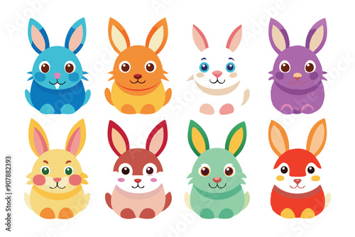 Eight Cartoon Rabbits in Different Colors