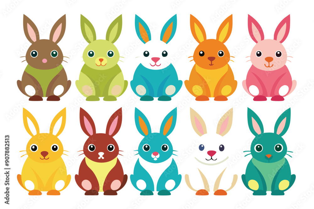 Naklejka premium Collection of Colorful Cartoon Rabbits with Big Eyes