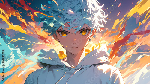 Cartoon illustration of a boy with white hair , wallpaper