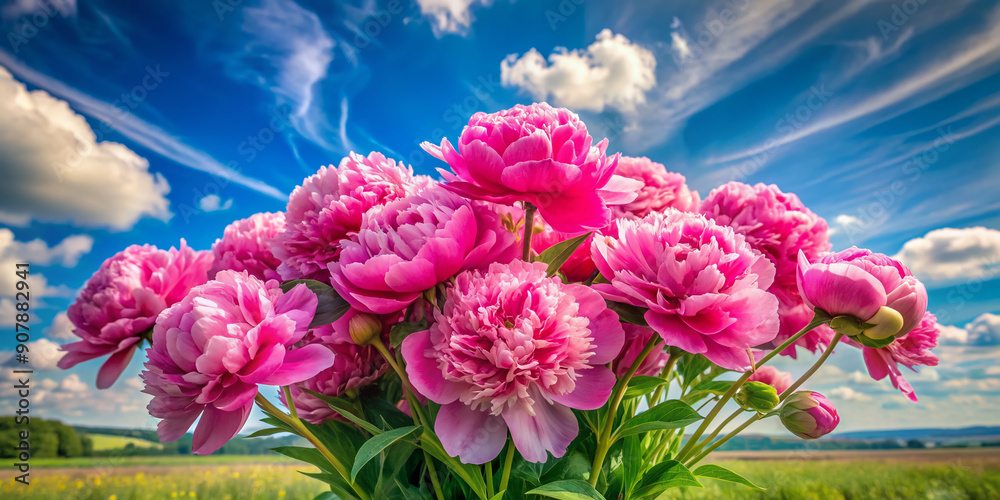 Vibrant pink peonies arranged in a lush bouquet amidst a serene field of green, basking under a tranquil blue sky with soft, wispy clouds. Vibrant pink peonies arranged in a lush bouquet amidst a serene field of green, basking under a tranquil blue sky with soft, wispy clouds.