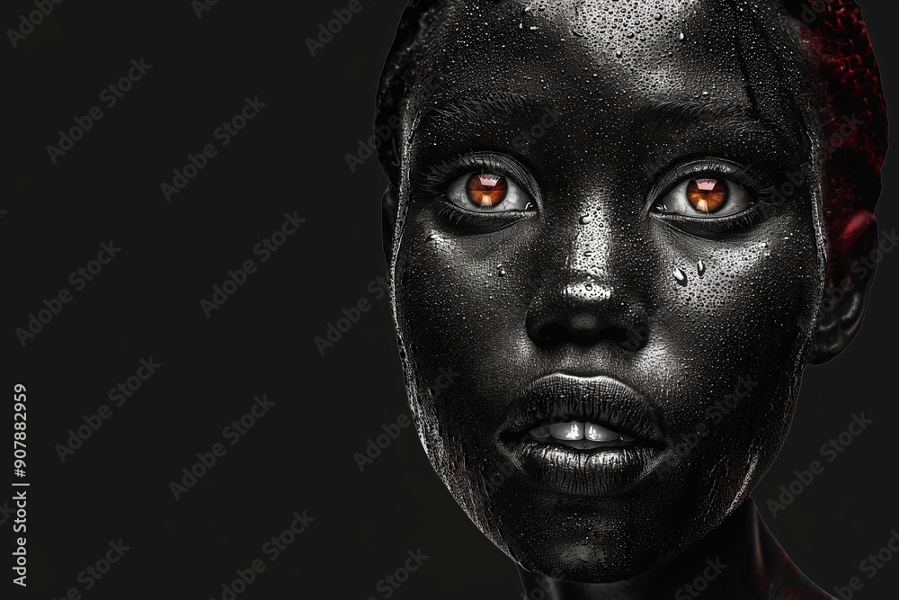 Close-up portrait of a young woman with dark skin and bright orange eyes. Her skin is wet and glistening, with droplets of water on her face. Close-up portrait of a young woman with dark skin and bright orange eyes. Her skin is wet and glistening, with droplets of water on her face.