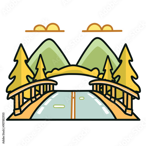 Serene mountain road bridge flanked vibrant trees traversing greenery. Idyllic nature journey highway archway surrounded pine trees. Transport scenic destination wooden bridge lush scenery photo