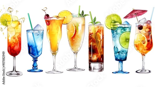 watercolour drawing of a variety of bright alcoholic, non-alcoholic beverages on a white background