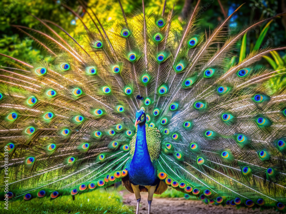 Obraz premium Vibrant male peacock spreads stunning iridescent feathers in a lush green garden, showcasing vibrant blues, emerald greens, and gold hues in majestic natural surroundings.
