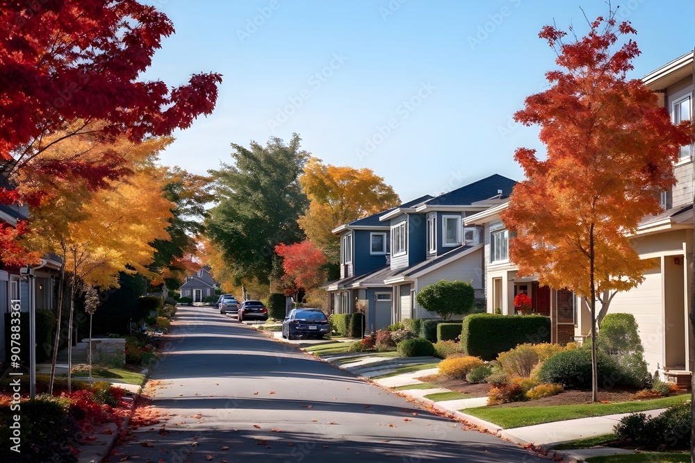 Naklejka premium a serene suburban street featuring modern homes in autumn with colorful plants