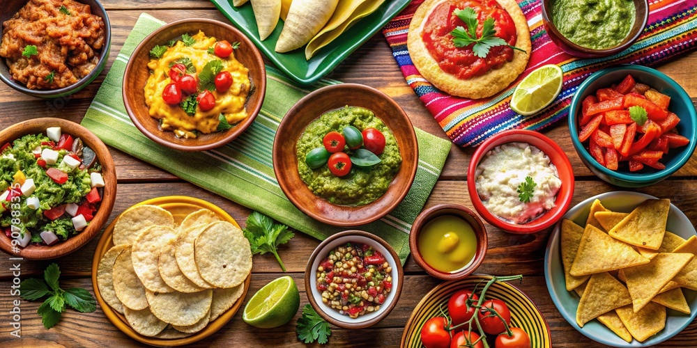 Vibrant table setting featuring an abundance of traditional Mexican cuisine, including crispy tortilla chips, fresh salsa, creamy guacamole, and savory meat dishes.