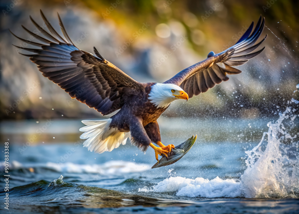 Fototapeta premium A bald eagle catching a fish from a river, the water splashing around. List of Art Media Minimalist realistic