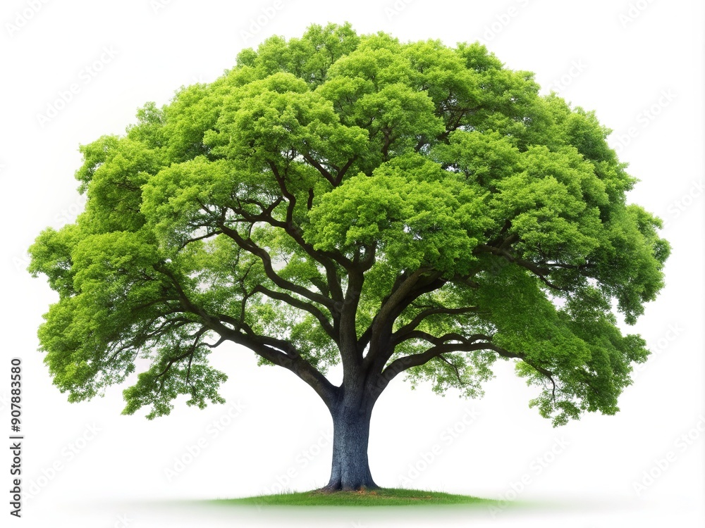 A solitary deciduous tree with gnarled branches and lush green foliage stands alone on a pure white background, evoking feelings of serenity and simplicity. A solitary deciduous tree with gnarled branches and lush green foliage stands alone on a pure white background, evoking feelings of serenity and simplicity.
