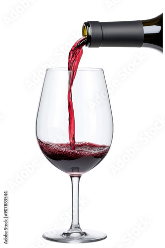 A glass being filled with red wine from a bottle against a white background, illustrating luxury, elegance, and the enjoyment of fine wine.
