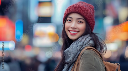 A young, carefree woman visiting Times Square or a tourist from New York City. Multicultural Caucasian Asian woman in Manhattan, New York City, USA; attractive, cheerful, and smiling at a young age