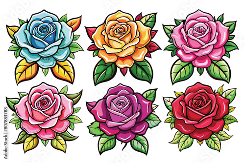A Collection of Six Cartoon Roses in Different Colors