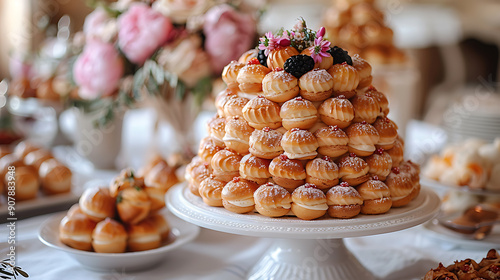 Amidst Toulouse wedding envision pice monte croquembouche meticulously crafted vanillainfused chou pastry testament French pastry craftsmanship Hailing SaintGermainenLaye dessert signifies eternal photo