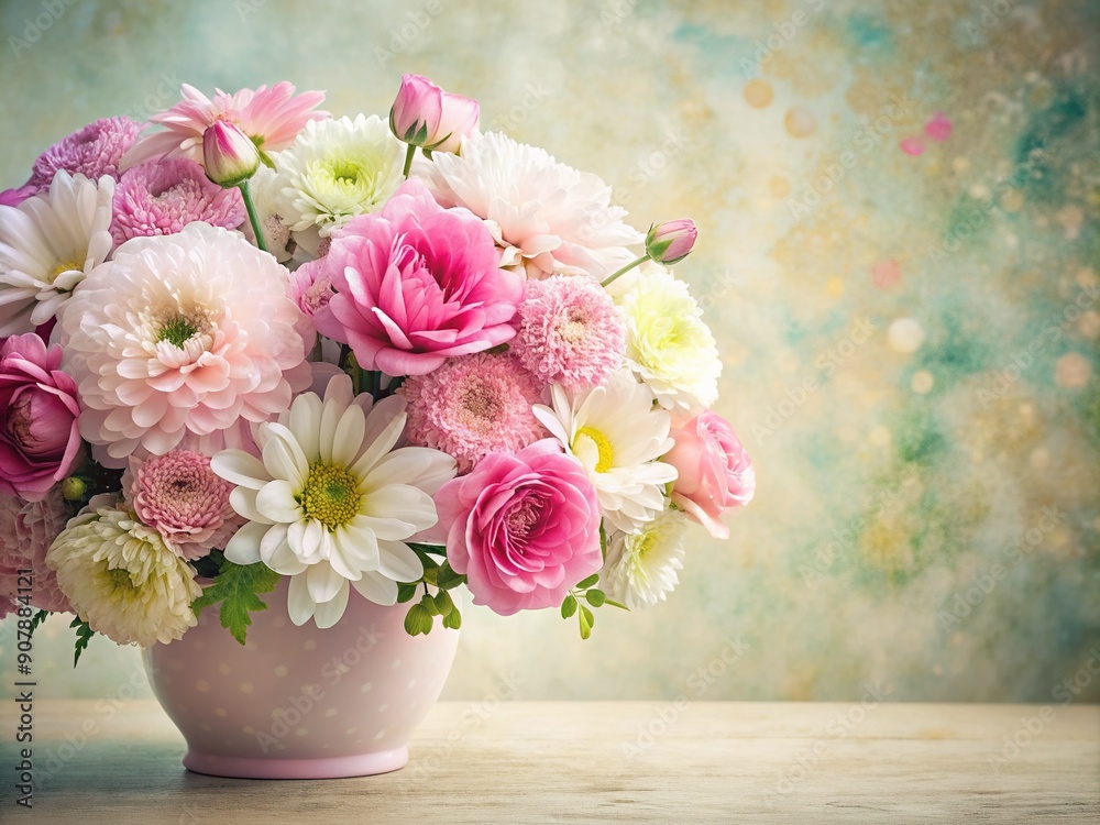Obraz premium Vibrant pastel pink and white floral arrangement on a soft, textured background with ample copy space, perfect for Mother's Day greeting cards, ads, and promotional materials.