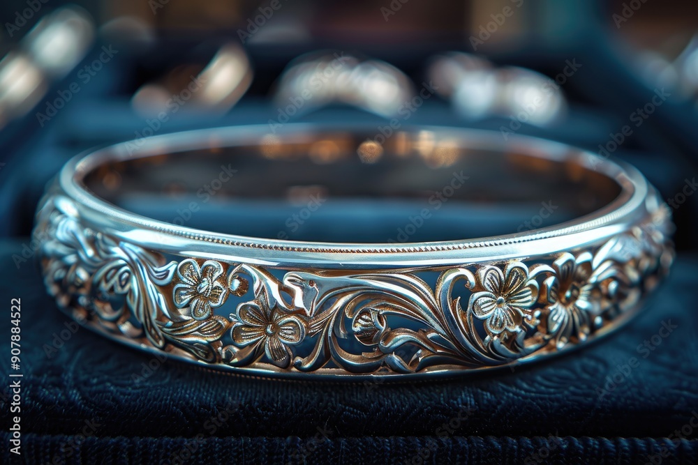 Elegant close-up of a finely crafted silver bracelet with intricate floral designs, showcased on a dark background.