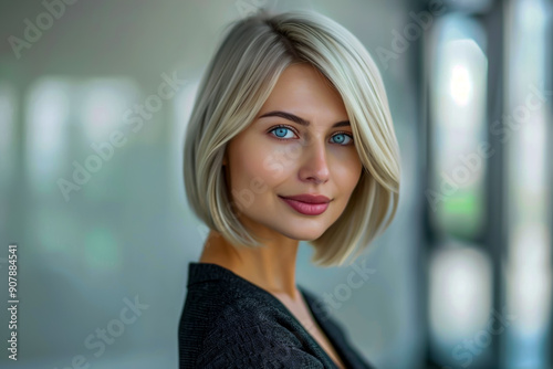 Beautiful Russian woman with platinum bob cut, light makeup, and an elegant business suit.