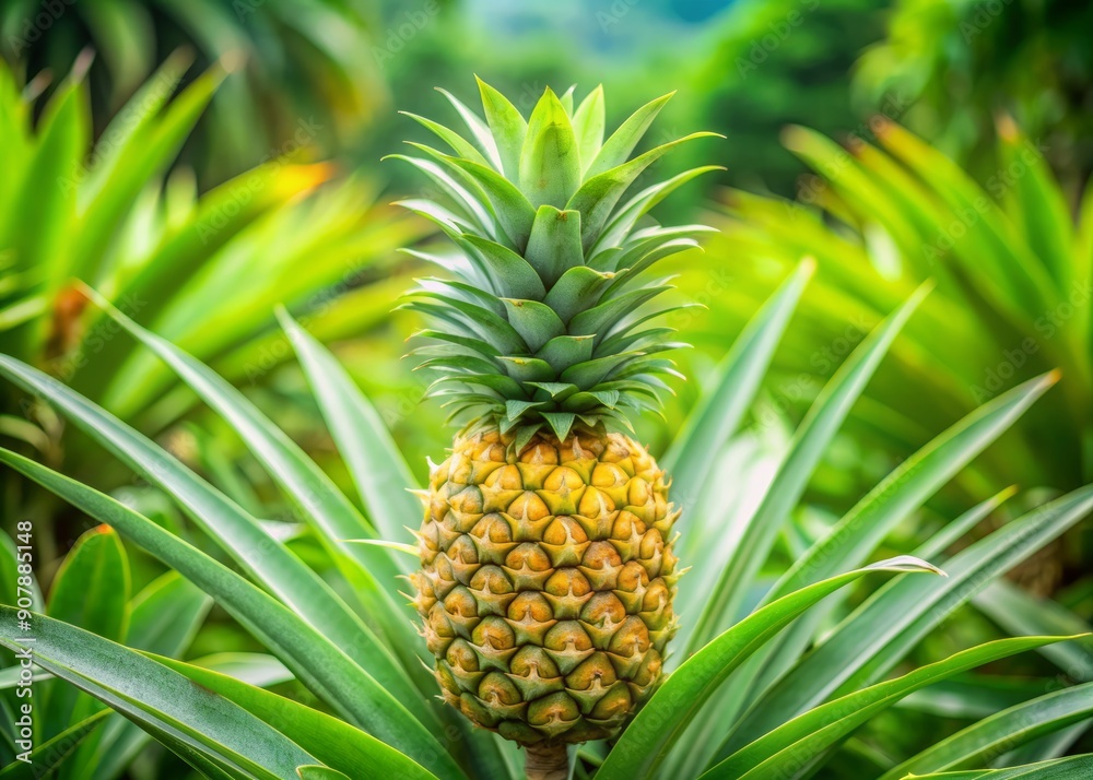 Ripened pineapple growing on lush green leaves amidst a vibrant tropical plantation, symbolizing healthy and organic food cultivation in a serene natural environment. Ripened pineapple growing on lush green leaves amidst a vibrant tropical plantation, symbolizing healthy and organic food cultivation in a serene natural environment.