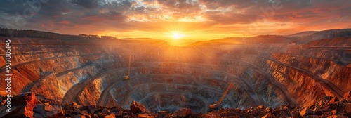 Panoramic view of a vast open-pit mine at sunset, with dramatic lighting and vivid colors highlighting the expansive excavated terrain.