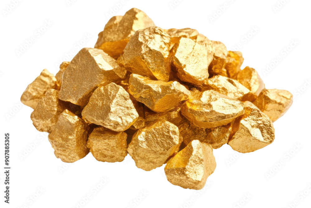 A pile of raw gold nuggets gleaming against a white background, representing wealth, investment, and natural precious metal resources.
A pile of raw gold nuggets gleaming against a white background, representing wealth, investment, and natural precious metal resources.