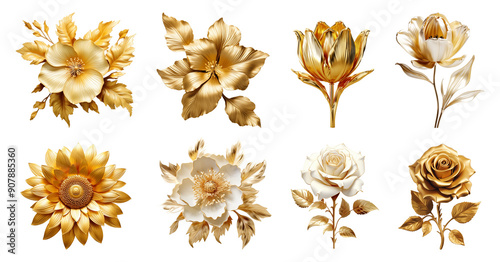 Fototapeta Naklejka Na Ścianę i Meble -  Set of decorative golden flowers. Ornamental luxury bloom embellishment.