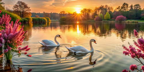 Fototapeta Naklejka Na Ścianę i Meble -  Tranquil lake scene at sunset features two swans gliding effortlessly across the water surrounded by vibrant pink flowers, evoking a sense of romance and serenity.