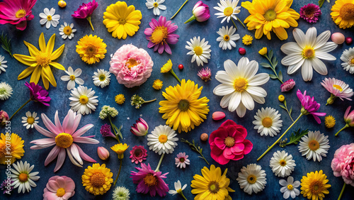 Vibrant scattered spring flowers in shades of pink, yellow, and white lay randomly on a dark blue background, offering ample copy space from a top view perspective.