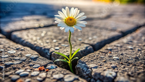 Resilient daisy blooms vibrantly from a crack in worn asphalt, symbolizing hope and perseverance in the face of adversity, against all odds, in urban landscape. photo