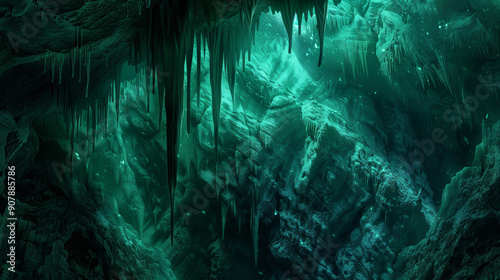 Stalactites and Glowing Fungi in a Dark Underground Cavern

