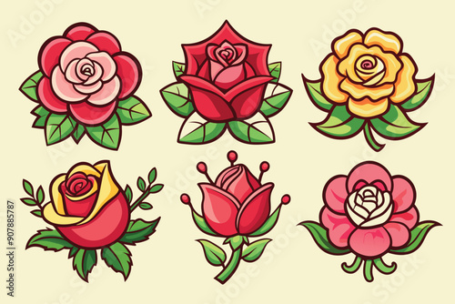 Wallpaper Mural Six Cartoon Roses with Red, Pink, and Yellow Petals Torontodigital.ca