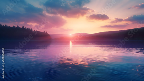 Scenic Sunset Over Lake and Forest - Realistic Image