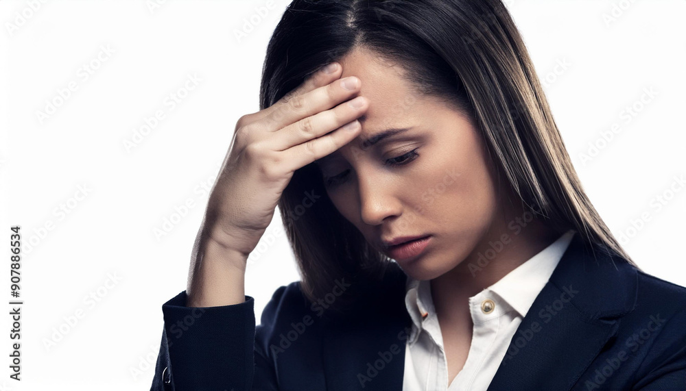 A woman in a business suit is holding her head in her hands A woman in a business suit is holding her head in her hands