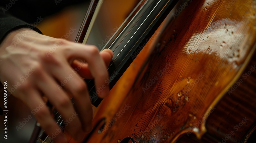 Close-up of a cellist's hand playing the cello. Close-up of a cellist's hand playing the cello.