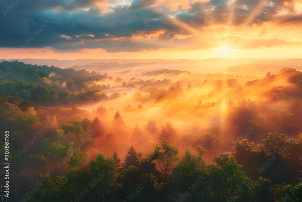 Golden Sunrise Over Foggy Forest Landscape Illustration