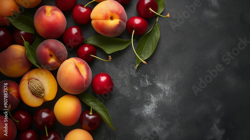 Fresh peaches and cherries with leaves on dark background, highlighting the richness of summer fruits.