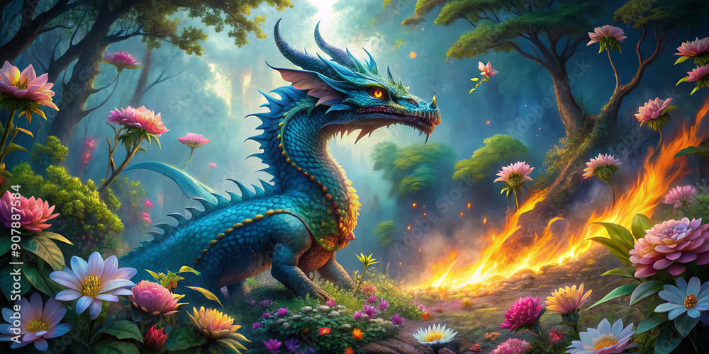 Vibrant flowers bloom amidst a mystical forest as a stunning blue dragon unleashes flames, its scales glistening against a backdrop of misty, emerald-green foliage. Vibrant flowers bloom amidst a mystical forest as a stunning blue dragon unleashes flames, its scales glistening against a backdrop of misty, emerald-green foliage.
