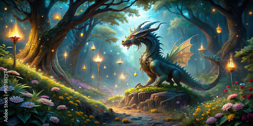 Mystical forest scene featuring a majestic stone dragon surrounded by glowing luminescent flowers, twinkling fireflies, and ancient twisted trees under a starry night sky. photo