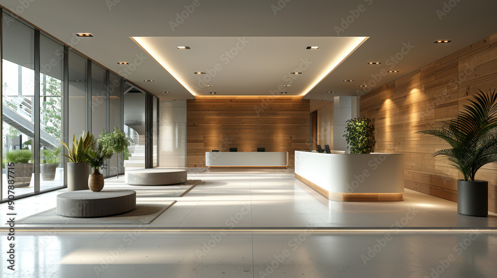 Fototapeta premium Spacious office lobby with modern design, wooden and glass elements, plants, welcoming atmosphere
