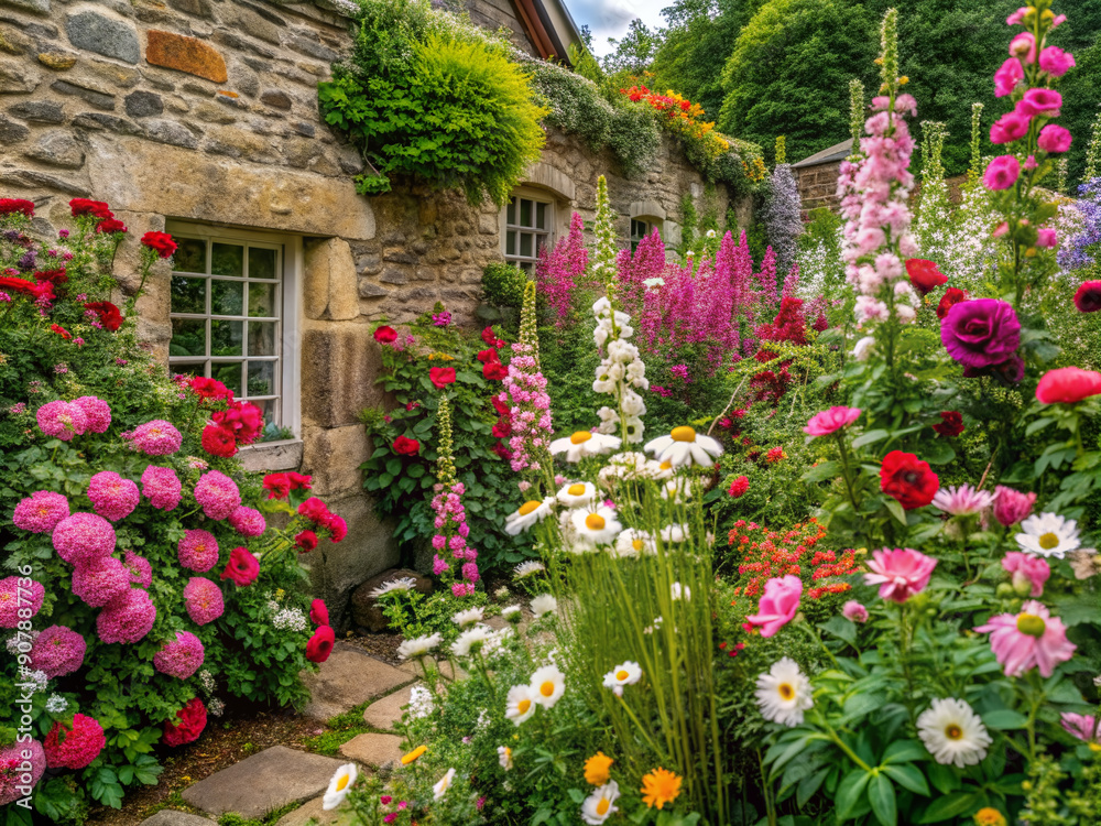 Naklejka premium Vibrant blooms of roses, daisies, and foxgloves spill from rustic stone walls and overflowing planters in a serene, picturesque English cottage garden oasis.