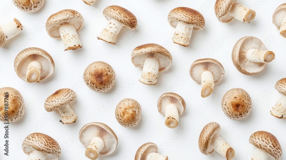 Top view of Matsutake mushrooms arranged in a natural pattern on a white background. Top view of Matsutake mushrooms arranged in a natural pattern on a white background.