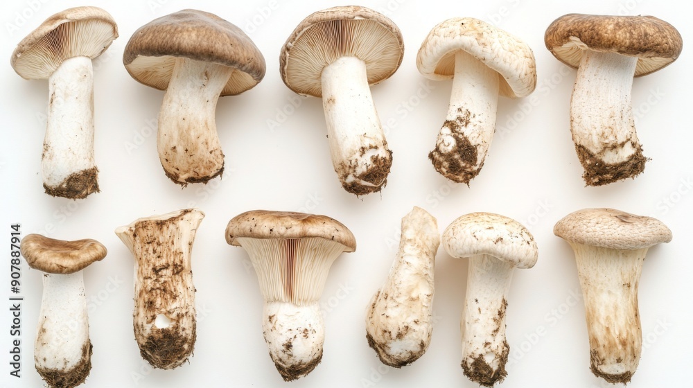 Top view of Matsutake mushrooms arranged in a natural pattern on a white background. Top view of Matsutake mushrooms arranged in a natural pattern on a white background.