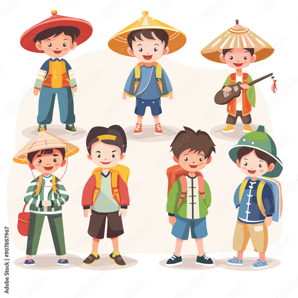 Children dressed traditional colorful Asian attire wearing various hats vector illustration. Seven kids mixed ethnicities festive costumes isolated white background. Children displaying happiness Children dressed traditional colorful Asian attire wearing various hats vector illustration. Seven kids mixed ethnicities festive costumes isolated white background. Children displaying happiness